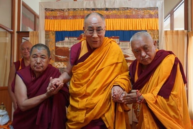 His Holiness the Dalai Lama with Lama Zopa Rinpoche and Ani Ngawang Samten, Sera Monastery, India, January 2014. Photo courtesy OHHDL.