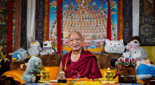 Lama Zopa Rinpoche teaching from his room at Kopan Monastery, October 2020. Photo: Lobsang Sherab.