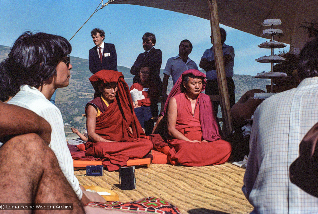 (25047_ng.TIF) Lama Yeshe and Geshe Losang Tsultrim at O Sel Ling. In September of 1982, H.H. Dalai Lama visited this retreat center that the lamas had just set up in Bubion, a small town near the Alpujarra mountains near Granada, Spain. At the end of His Holiness teaching he named the center O Sel Ling. Photo by Pablo Giralt de Arquer.
