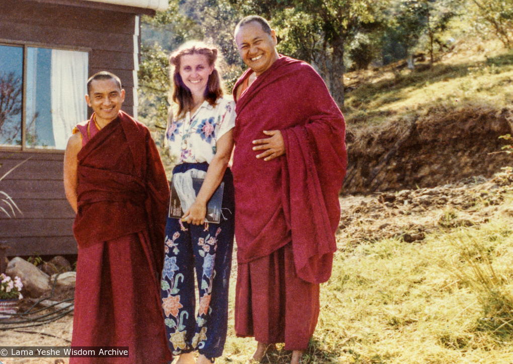 (25780_pr-3.psd) Maria Nagy with Lama Zopa Rinpoche and Lama Yeshe, Chenrezig Institute, Australia, 1979.